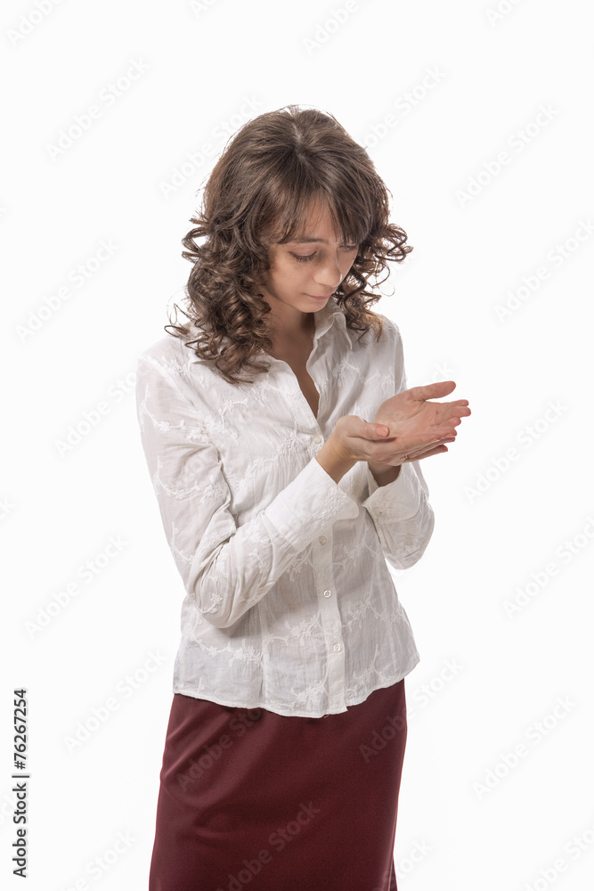 Portrait of Young and Slim Caucasian Female Holding Palms Folded Portrait of Young and Slim Caucasian Female Holding Palms Folded