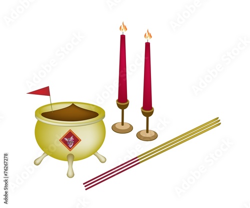 Red Candle and Joss Stick with Incense Burner