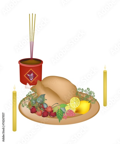 Roast Chicken with Fruits for New Year Worship