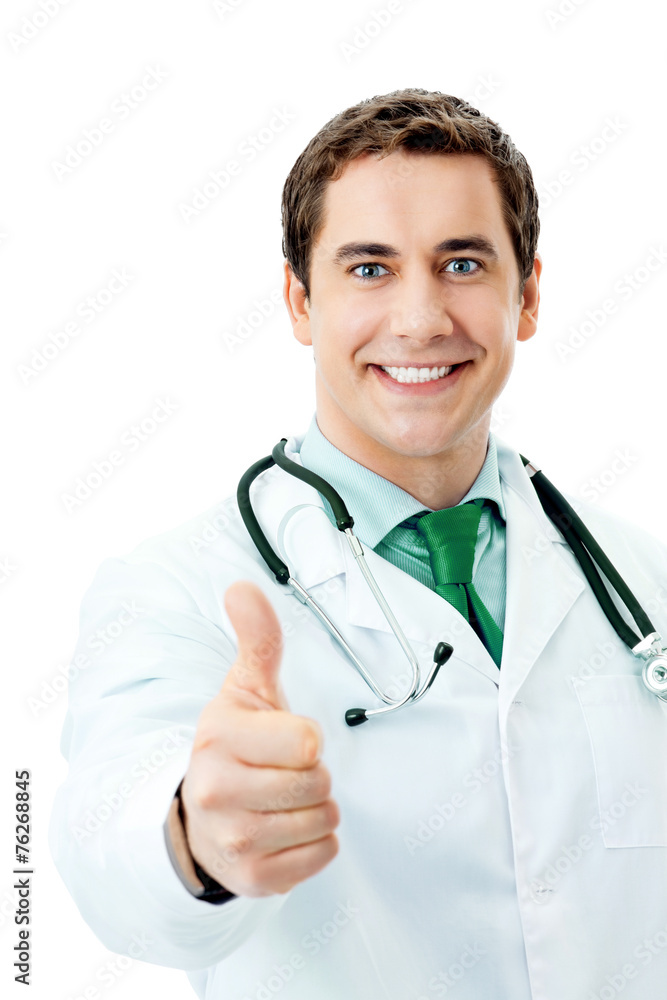 Cheerful doctor with thumbs up gesture, over white Cheerful doctor with thumbs up gesture, over white