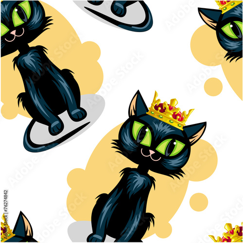 Seamless pattern with black cat in gold crown