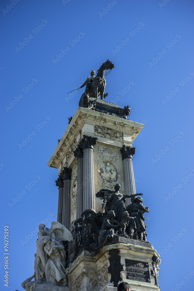 Monument to King Alfonso XII, Lake in Retiro park, Madrid Spain