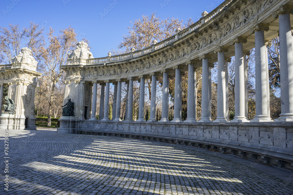 Classic columns gallery, Lake in Retiro park, Madrid Spain