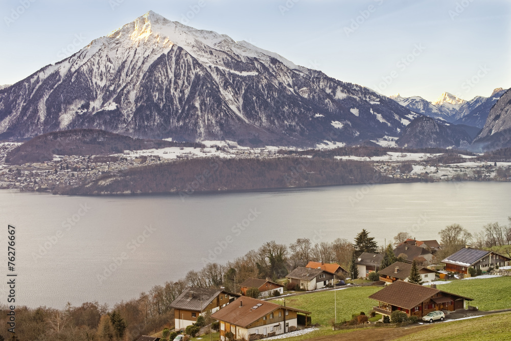 Lakeview over Swiss Apls mountains in a Swiss village near the T