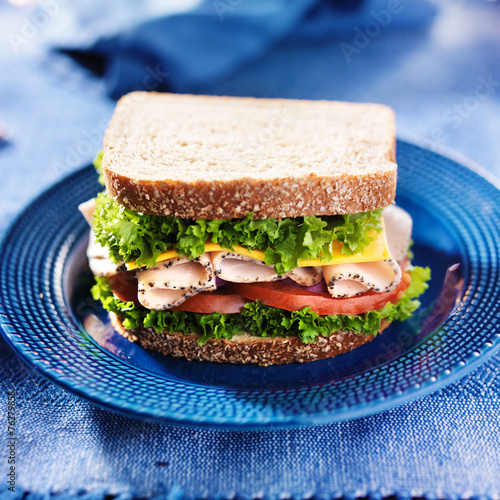 turkey deli meat sandwich on blue plate