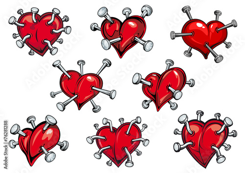 Red hearts pierced by nails