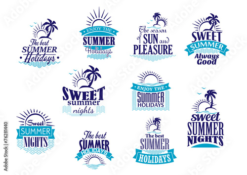 Summer holidays and vacation emblems in blue colors