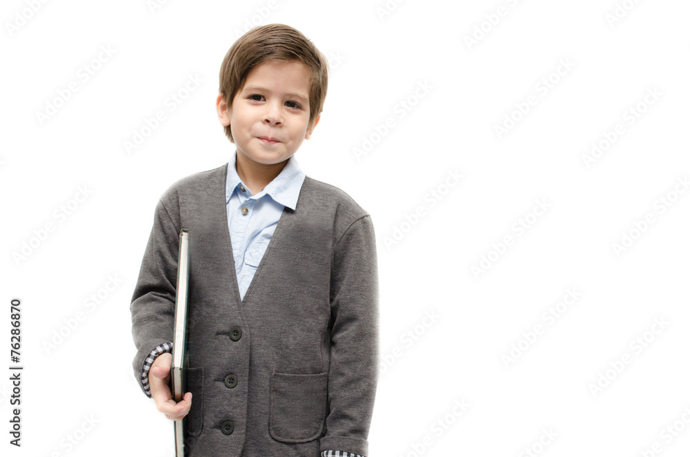 Little boy holding book on white background Little boy holding book on white background