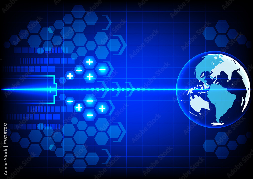 Abstract world battery technology  on blue color background