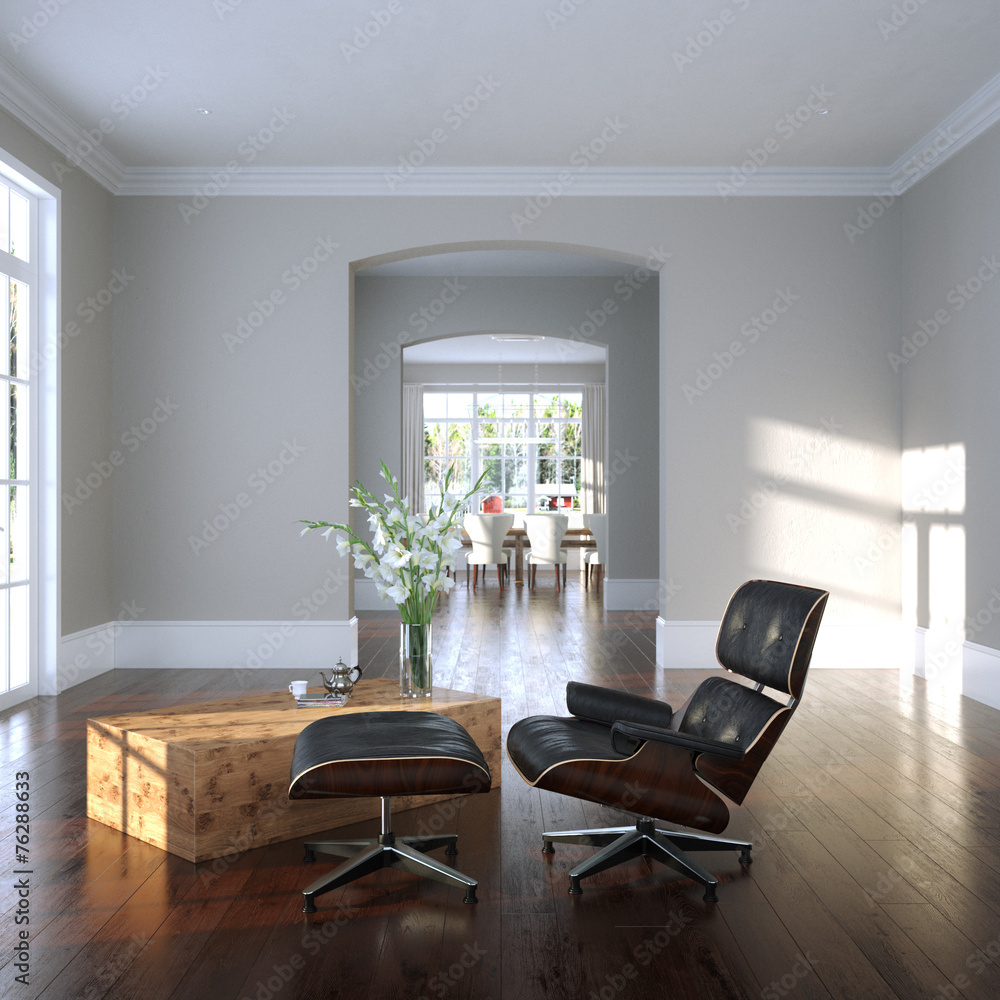 Fototapeta premium Big living room interior with armchair and arch to dining area