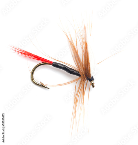 Fluffy fly fishing hook isolated on white