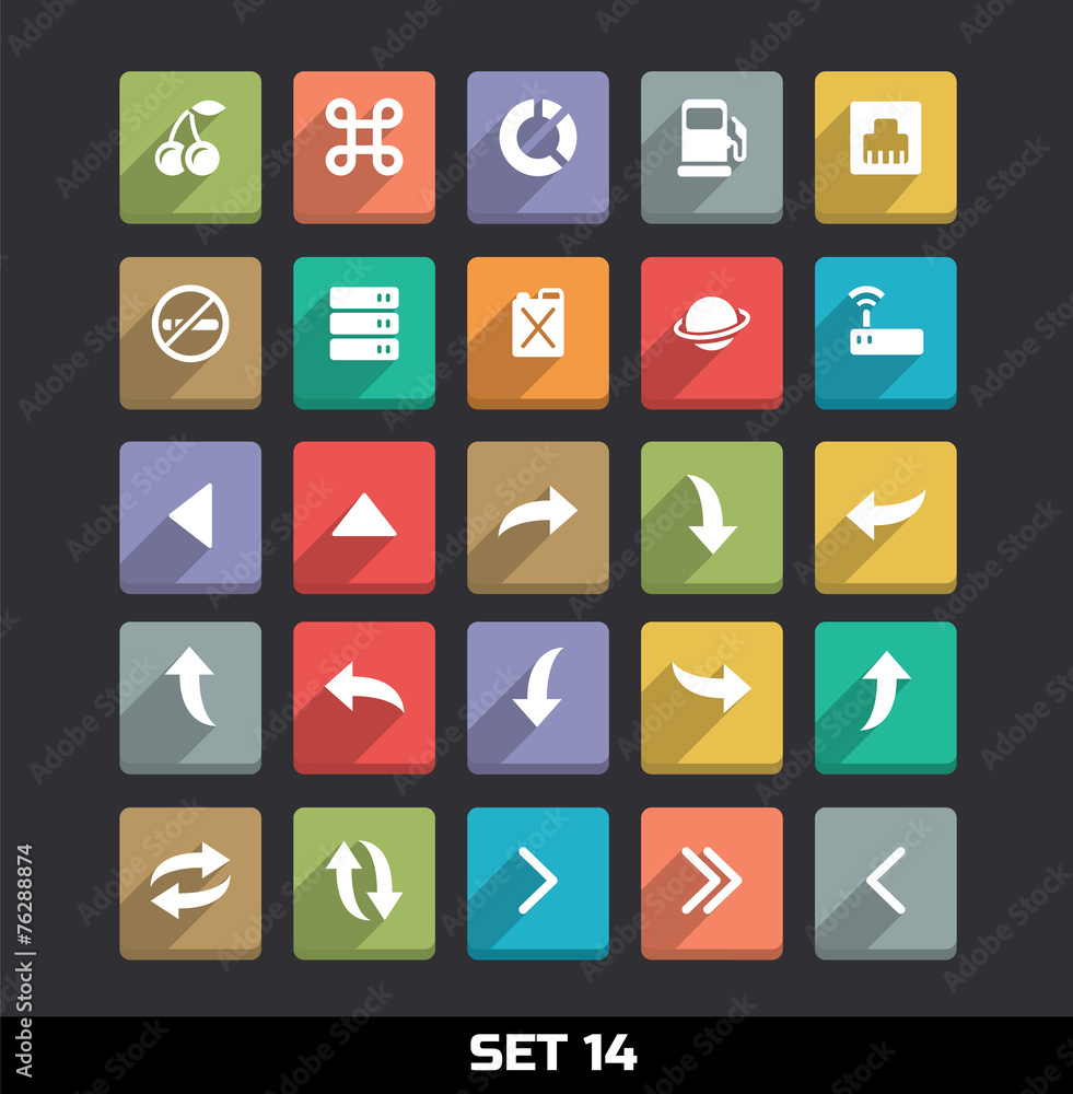 Trendy Vector Icons With Long Shadow Set 14 Trendy Vector Icons With Long Shadow Set 14