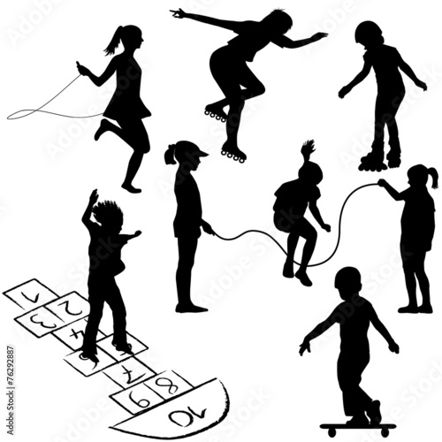 Active kids. Children on roller skates, jumping rope or playing