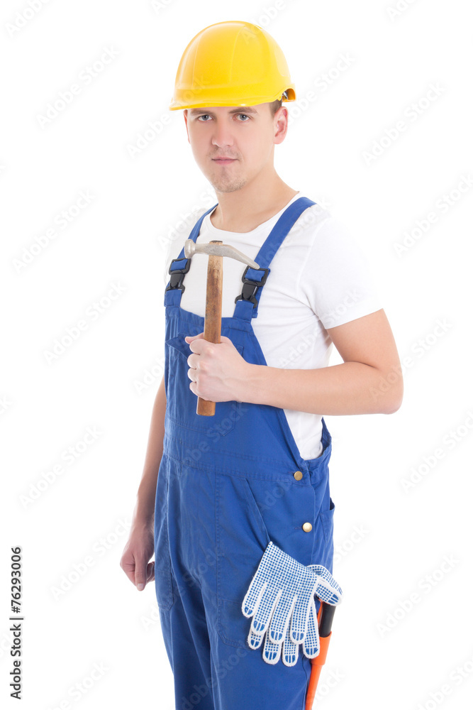 man in builder uniform and helmet with hammer isolated on white man in builder uniform and helmet with hammer isolated on white