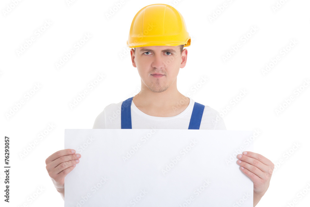 man builder in blue uniform and helmet holding paper with copy s man builder in blue uniform and helmet holding paper with copy s