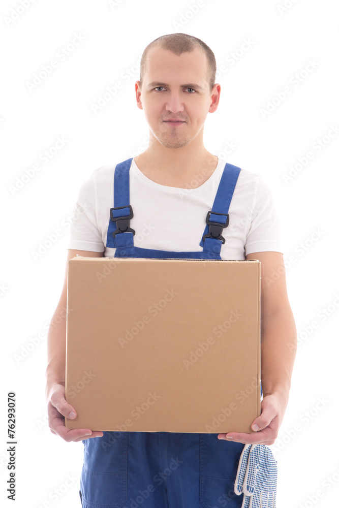 delivery concept - happy man in workwear with cardboard box isol delivery concept - happy man in workwear with cardboard box isol