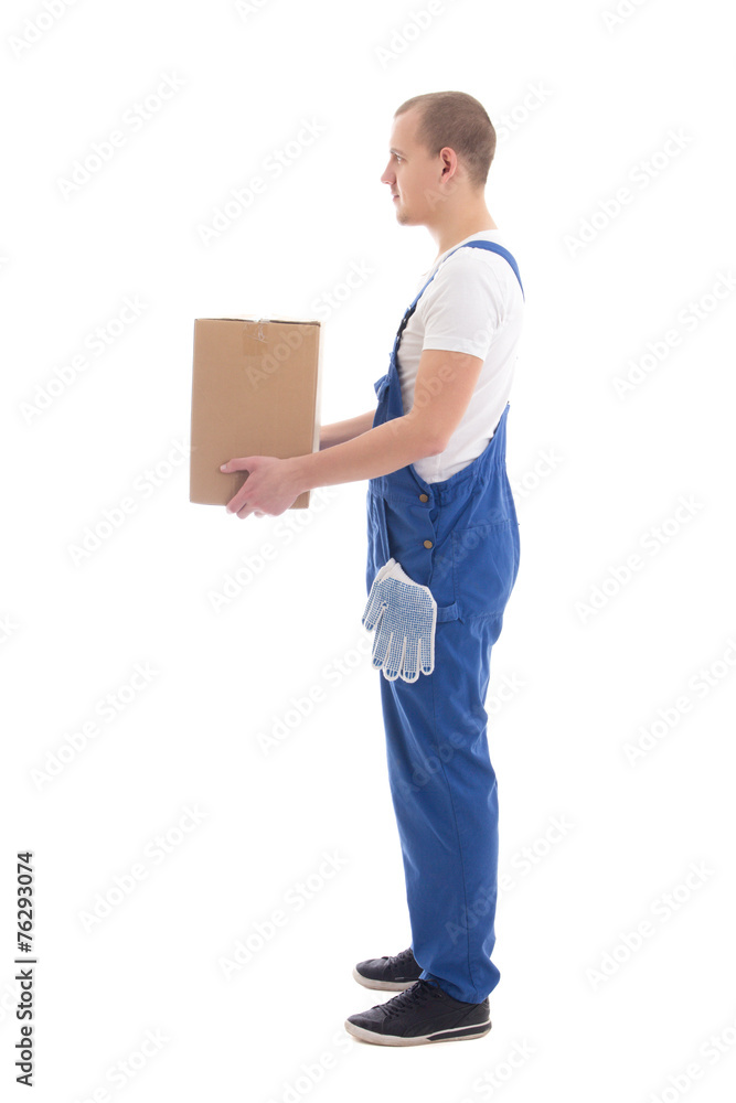 delivery concept - side view of man in workwear with cardboard b delivery concept - side view of man in workwear with cardboard b