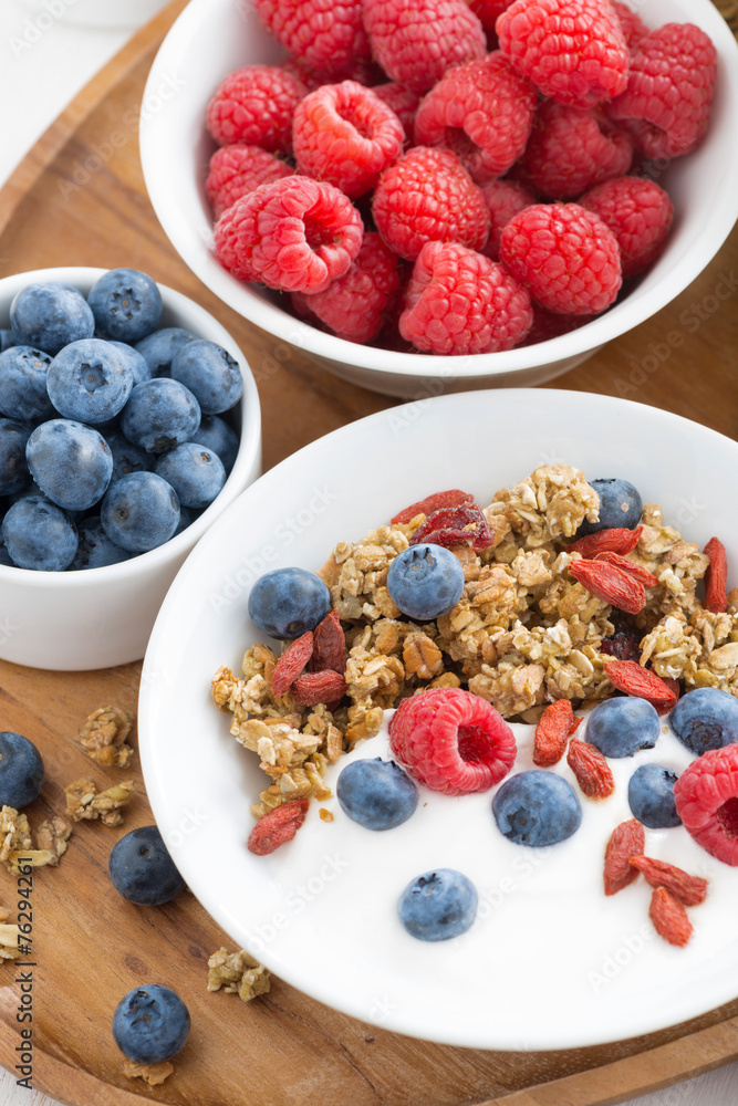homemade muesli with fresh berries, nut and yogurt for breakfast homemade muesli with fresh berries, nut and yogurt for breakfast