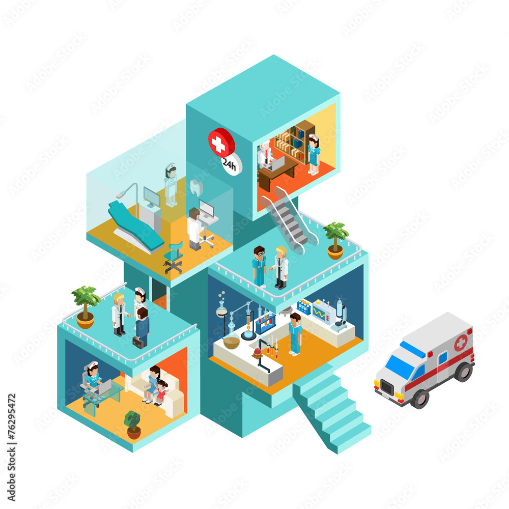Hospital building with people flat 3d web isometric concept Hospital building with people flat 3d web isometric concept