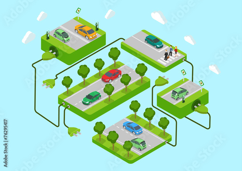 Flat 3d web isometric electric car eco green energy concept