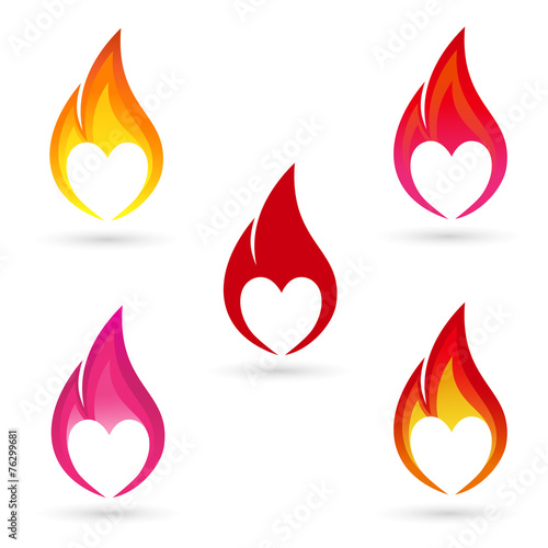 Icons of fire with heart silhouette