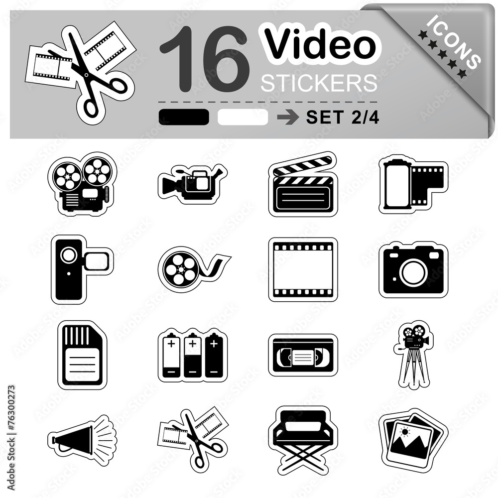 Video, Icon, Sticker, Set, Symbol, Zeichen, Multimedia, schwarz Video, Icon, Sticker, Set, Symbol, Zeichen, Multimedia, schwarz