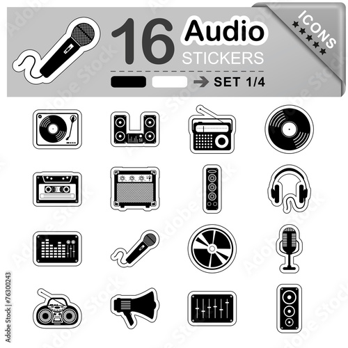 Audio, Icons, Sticker, Set, Symbole, Zeichen, Web, Musik, Sound