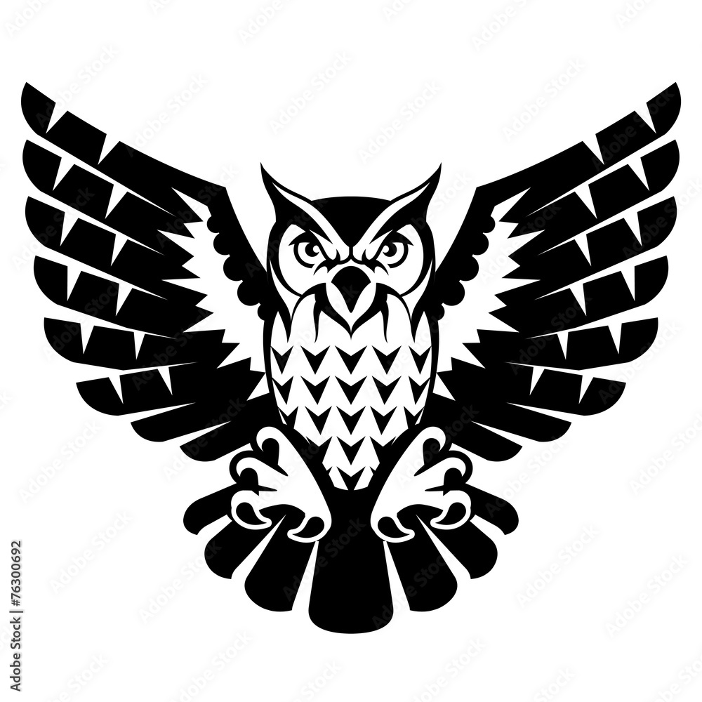 Naklejka premium Owl with open wings and claws. Black and white tattoo eagle owl