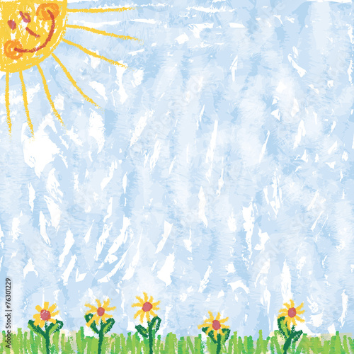 Sommerlicher Hintergrund, Sonne, Himmel, Gras, Blumen, Zeichnung