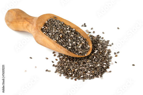 chia seeds in a wooden scoop isolated on white