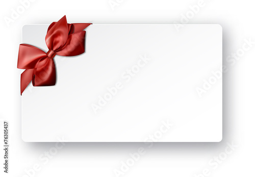 White paper card with gift red satin bow.