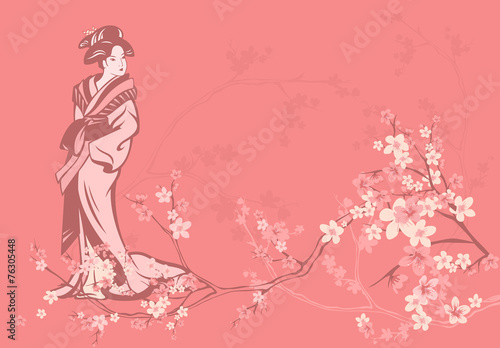 Valokuva spring background with Japanese geisha and sakura flowers