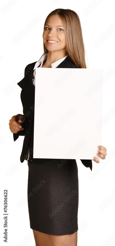 business woman holding a blank white board. business woman holding a blank white board.