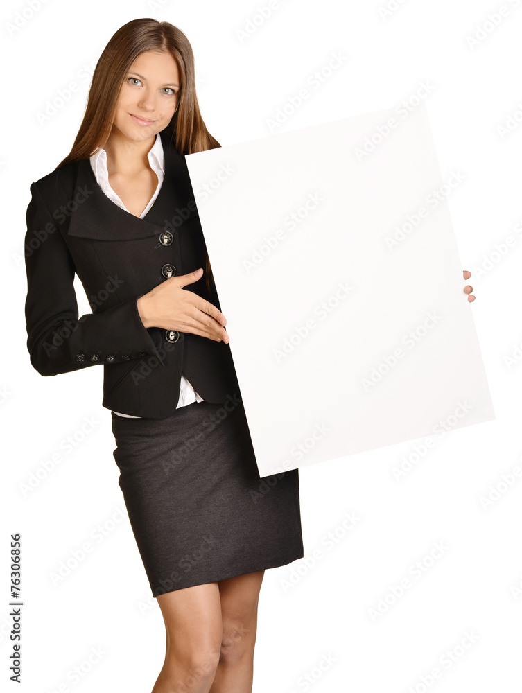 business woman holding a blank white board. business woman holding a blank white board.