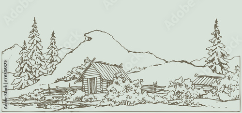 Vector drawing. Ancient rural landscape