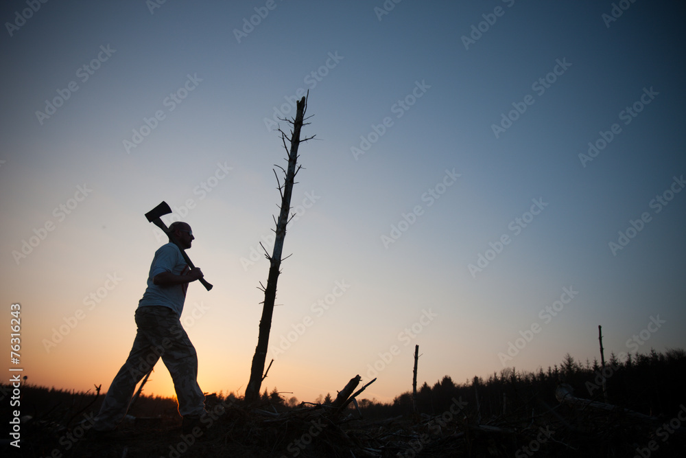 man with axe walks past last standing tree at sunset man with axe walks past last standing tree at sunset