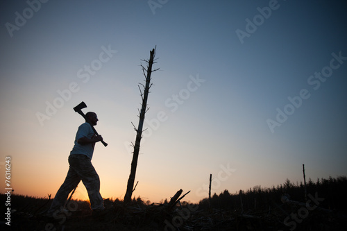 man with axe walks past last standing tree at sunset