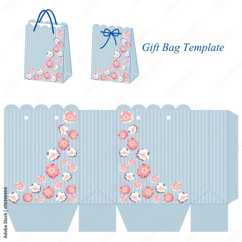 Blue gift bag template with stripes and pink flowers vector de Stock |  Adobe Stock