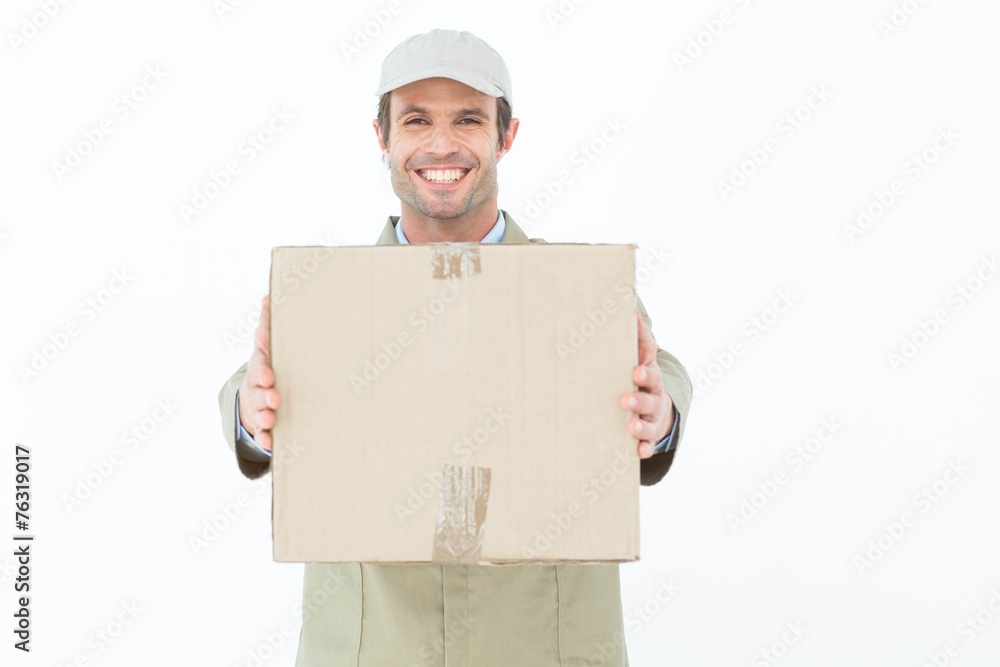 Happy delivery man carrying parcel Happy delivery man carrying parcel