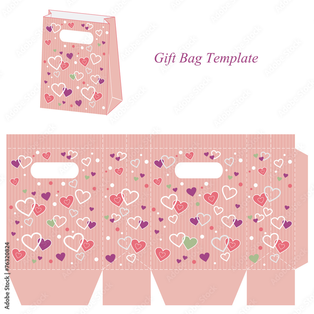 Pink gift bag with colorful hearts