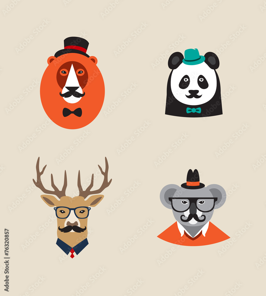 Hipster Animals set of vector icons. Lion, panda , deer, koala