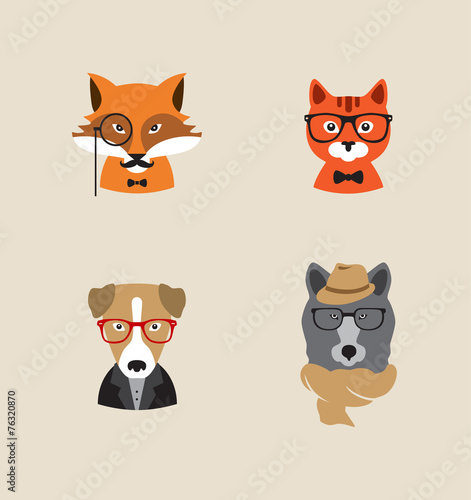 Hipster Animals set of vector icons. Fox , cat, dog , bear