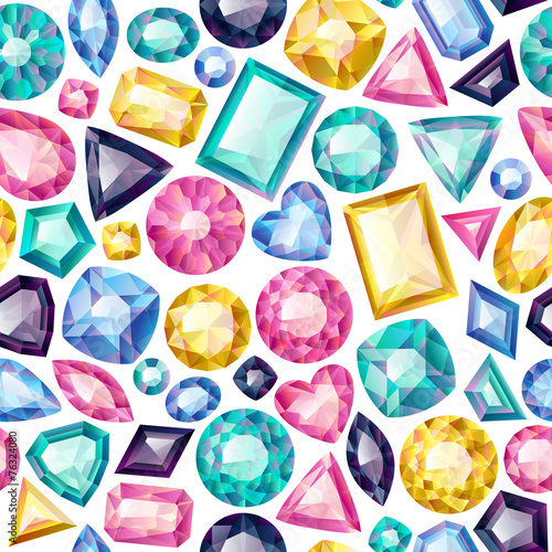 Seamless colorful gemstones background on white.