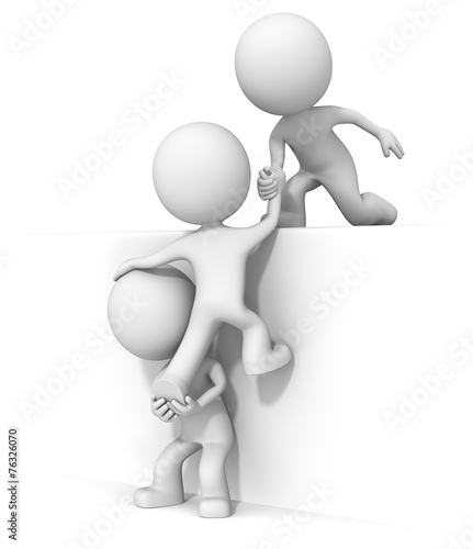 Growth. The dude 3D character x3 climbing white wall.