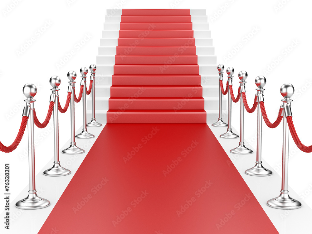 Staircase and red carpet between two metallic stanchions with ro - obrazy, fototapety, plakaty 