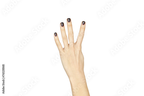 female hand showing number four sign isolated over white