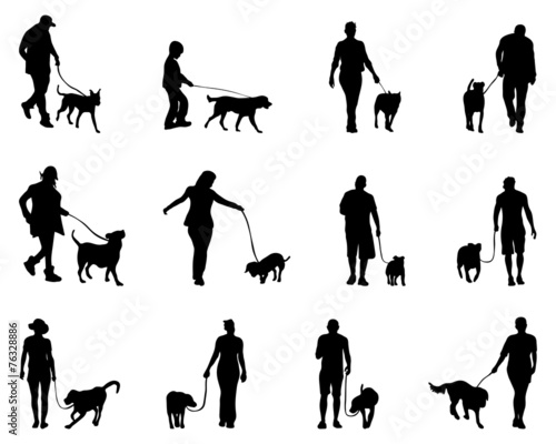 Black silhouettes  of people and dogs, vector