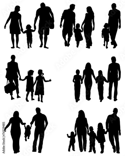 Black silhouettes of families in walk, vector