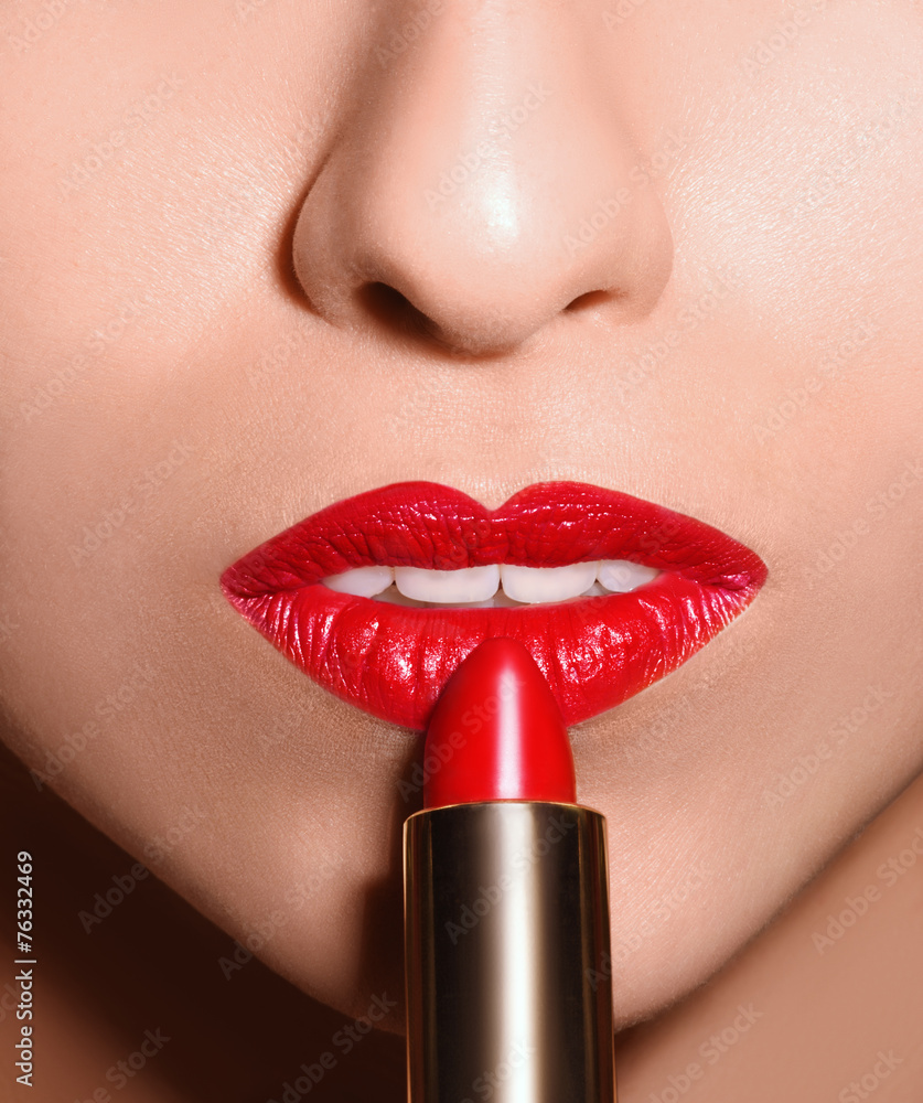 Sensual open mouth with red tube of lipstick Stock Photo | Adobe Stock