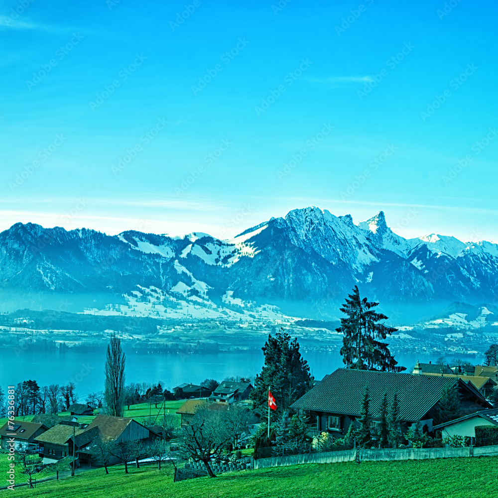 Swiss rural landscape near Thun lake